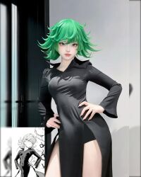 2024 asian bare_shoulders black_dress bottomless breasts caiyadedouyin chinese_commentary collarbone commentary contrapposto cosplay cosplay_photo cowboy_shot curly_hair dress english_commentary flipped_hair green_eyes green_hair hands_on_own_hips highres indoors long_sleeves mixed-language_commentary one-punch_man pale_skin photo_(medium) pink_lips real_life reference_inset second-party_source short_hair small_breasts tatsumaki tatsumaki_(cosplay) taut_clothes thick_thighs thighs