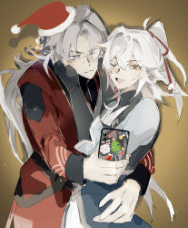 Rule 34 | 2boys, blade (honkai: star rail), cellphone, christmas, grey hair, hair between eyes, hat, highres, holding, holding phone, honkai: star rail, honkai (series), hug, jing yuan, long hair, long sleeves, male focus, mississipping, multiple boys, one eye closed, phone, ponytail, ribbon, santa costume, santa hat, smile, upper body, white hair, yellow eyes, yingxing (honkai: star rail)