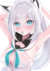 Rule 34 | 1girl, absurdres, ahoge, animal ear fluff, animal ears, aqua neckerchief, armpits, arms up, blue eyes, blush, braid, breasts, cleavage, closed mouth, collarbone, fox ears, fox girl, hair between eyes, hair tie, hair tie in mouth, highres, hololive, katouomochi, large breasts, long hair, mouth hold, neckerchief, shirakami fubuki, shirt, side braid, simple background, sleeveless, sleeveless shirt, solo, sweat, very long hair, virtual youtuber, white background, white hair, white shirt