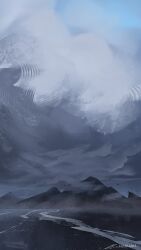 Rule 34 | artist name, cloud, cloudy sky, dark cloud, landscape, limited palette, mountainous horizon, no humans, original, outdoors, painterly, river, scenery, signature, sky, zandra