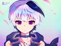 Rule 34 | 1girl, anmyu, bare shoulders, black collar, black hair, black jacket, black nails, closed mouth, collar, collarbone, colored inner hair, commentary, facebook logo, falling petals, flower (vocaloid), flower (vocaloid4), frown, gradient background, green background, hair between eyes, hand on own chest, highres, jacket, looking at viewer, multicolored hair, nail polish, petals, pink eyes, pink petals, portrait, purple background, short hair, sleeveless, sleeveless jacket, solo, straight-on, streaked hair, symbol-only commentary, twitter x logo, two-tone background, two-tone hair, vocaloid, white hair