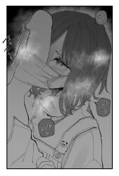 1boy 1girl animal_print bear_print blush border commentary_request greyscale heart heart-shaped_pupils heavy_breathing highres large_penis looking_at_penis looking_up mask medium_hair monochrome original overalls panda_print penis penis_under_mask speech_bubble spoken_heart steam sweat symbol-shaped_pupils untsuku white_border