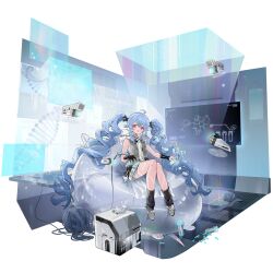 1girl artist_request black_gloves black_shorts black_socks blue_hair curly_hair dna faux_figurine full_body game_cg girls&#039;_frontline girls&#039;_frontline_neural_cloud gloves helix_(neural_cloud) highres holding hologram hood hood_up jacket looking_at_viewer official_art outstretched_arms projector rabbit red_eyes see-through_clothes see-through_hood see-through_jacket shorts single_glove sitting socks solo third-party_source transparent_background twintails