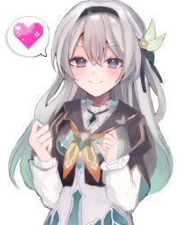 1girl black_hairband black_jacket blue_pupils blush closed_mouth collar collared_dress cropped_jacket dress firefly_(honkai:_star_rail) frilled_sleeves frills gradient_eyes gradient_hair grey_hair hair_between_eyes hair_intakes hair_ornament hair_ribbon hairband heart highres honkai:_star_rail honkai_(series) jacket long_sleeves multicolored_eyes multicolored_hair neckerchief ohutonnemuohayo orange_neckerchief ribbon simple_background smile solo speech_bubble two-tone_eyes white_background white_collar white_dress white_sleeves