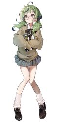 1girl ahoge book collared_shirt enomoto_nao expressionless full_body glasses green_hair grey_eyes highres holding holding_book loafers long_hair looking_to_the_side loose_socks low_twintails miniskirt original parted_lips round_eyewear shirt shoes simple_background skirt socks solo sweater thigh_gap twintails white_background