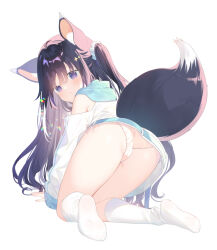 Rule 34 | 1girl, :&lt;, all fours, animal ear fluff, animal ears, ass, black hair, blush, cameltoe, closed mouth, clothing cutout, fox ears, fox girl, fox tail, hair between eyes, hood, hood down, hooded jacket, jacket, kneehighs, long hair, long sleeves, looking at viewer, looking back, no shoes, one side up, original, panties, puffy long sleeves, puffy sleeves, purple eyes, shoulder cutout, side-tie panties, simple background, sleeves past wrists, socks, soles, solo, tail, underwear, very long hair, white background, white jacket, white panties, white socks, yuizaki kazuya