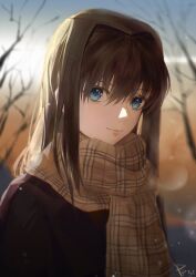 1girl absurdres aozaki_aoko blazer blue_eyes hair_intakes highres jacket long_hair looking_at_viewer mahou_tsukai_no_yoru outdoors pppeipeipipi scarf snowing solo upper_body winter