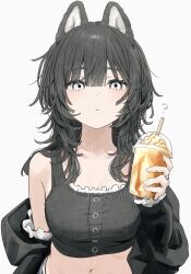 1girl ? absurdres animal_ears black_hair black_jacket commentary cup disposable_cup drinking_straw highres holding holding_cup jacket medium_hair navel open_clothes open_jacket original parted_lips simple_background solo symbol-only_commentary takaya_riku white_background white_eyes wolf_ears wolf_girl