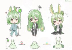 :d animal animalization black_jacket black_pants black_suit blue_pajamas blue_slippers blush can chibi collared_shirt dress_shirt floppy_ears formal_clothes giovanni_(project_moon) green_fur green_necktie hair_bun happy heart holding holding_can intravenous_drip jacket lapels library_of_ruina lobotomy_corporation lobotomy_corporation_logo necktie netzach_(project_moon) open_mouth ori_oriio pajamas pants person_and_animalization project_moon rabbit rabbit_boy rabbit_tail shirt short_hair sitting slippers smile sparkle squiggle standing suit tail time_progression unhappy walking white_shirt