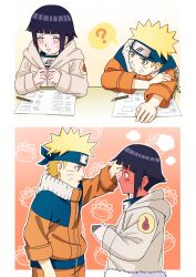 Rule 34 | 1boy, 1girl, black hair, blonde hair, blush, border, full-face blush, hand on another&#039;s forehead, highres, hood, hooded jacket, hyuuga hinata, jacket, naruto (classic), naruto (series), orange jacket, short hair, sitting, spiked hair, uzumaki naruto, weibinln, white border, white eyes, white jacket