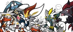 alternate_color blush cinderace claws closed_mouth evolutionary_line furry gen_4_pokemon gen_5_pokemon gen_7_pokemon gen_8_pokemon highres legendary_pokemon lucario mythical_pokemon nintendo pokemon pokemon_(creature) raboot red_eyes red_hair scorbunny shiny_pokemon simple_background smile spikes sweat tongue tongue_out wavy_mouth white_background yellow_eyes zeraora zoroark