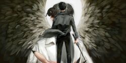 2boys black_coat black_hair black_nails black_wings censored censored_identity coat demon_horns feathered_wings fingernails holding holding_sword holding_weapon horns kim_dokja looking_at_another macaronijail male_focus multiple_boys omniscient_reader&#039;s_viewpoint outstretched_hand sharp_fingernails short_hair size_difference standing_on_another&#039;s_hand sword weapon white_coat wings yoo_joonghyuk