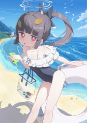 Rule 34 | 1girl, absurdres, beach, black hair, blue archive, blue one-piece swimsuit, casual one-piece swimsuit, commentary, cosplay, covered navel, frilled one-piece swimsuit, frills, grey halo, halo, highres, holding, holding phone, leaf, leaf on head, long hair, looking at viewer, miyako (blue archive), miyako (blue archive) (cosplay), miyako (swimsuit) (blue archive), miyu (blue archive), nyune, off-shoulder one-piece swimsuit, off shoulder, one-piece swimsuit, phone, ponytail, solo, swim ring, swimsuit, transparent bag, white innertube