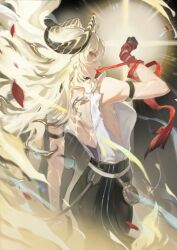 Rule 34 | 1girl, absurdres, arm strap, ass, black gloves, black horns, black pants, black tail, blonde hair, breasts, bright pupils, chinese commentary, commentary request, cowboy shot, curled horns, earrings, floating hair, gloves, highres, horns, jewelry, key earrings, large breasts, long hair, looking at viewer, median furrow, mouth hold, necktie, necktie around wrists, pants, red eyes, red necktie, shirt, sideways glance, solo, tacet mark (wuthering waves), torn clothes, torn shirt, white pupils, white shirt, wuthering waves, yegee, zani (wuthering waves)