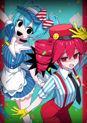 2girls :d absurdres apron arm_up black_choker black_eyes black_necktie blue_dress blue_hair blue_hat blue_shirt blush bow choker collared_shirt commentary cowboy_shot dress drill_hair feet_out_of_frame gloves hair_bow hat hatsune_miku highres kasane_teto long_hair looking_at_viewer maud0239 mesmerizer_(vocaloid) multiple_girls necktie open_mouth pants red_bow red_eyes red_hair red_hat red_pants sharp_teeth shirt short_hair short_sleeves smile smiley_hat_ornament striped_bow striped_clothes striped_shirt suspenders sweat teeth tongue tongue_out twin_drills twintails utau vocaloid w waist_apron white_apron yellow_gloves