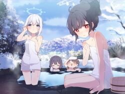 4girls black_hair blue_archive blue_halo blush breasts brown_hair closed_eyes day flat_chest green_halo grey_hair grey_halo hair_between_eyes halo koruri large_breasts long_hair low_twintails miyako_(blue_archive) miyu_(blue_archive) moe_(blue_archive) multiple_girls naked_towel onsen open_mouth outdoors parted_lips partially_submerged purple_eyes rabbit_platoon_(blue_archive) red_eyes saki_(blue_archive) short_hair smile towel twintails twitter_username water yellow_halo