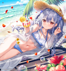 1girl beach bikini blue_sky breasts bulge cloud collarbone day dress drink drinking_straw flower fujima_takuya hat kagamihara_azumi long_hair looking_at_viewer lying navel ocean on_side pink_nails red_eyes seashell see-through_clothes see-through_dress shell sky small_breasts solo straw_hat swimsuit twintails white_hair z/x