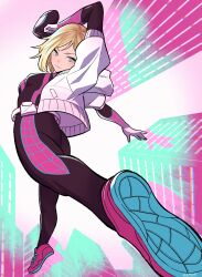 1girl absurdres animification ass black_bodysuit blonde_hair blue_eyes bodysuit breasts gwen_stacy highres jacker looking_at_viewer marvel mask shoes short_hair skin_tight smile solo spider-gwen spider-man_(series) spider_web_print superhero_costume sushi_pizza_rrr