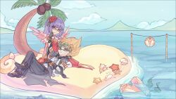1boy 1girl arch_bishop_(ragnarok_online) black-framed_eyewear black_gloves black_pants black_shoes blonde_hair blue_sky chain cinlee clam closed_mouth cloud coat commentary commission conch cross dress english_commentary flower full_body glasses gloves green_eyes green_hair grey_coat hair_flower hair_ornament island juliet_sleeves lap_pillow long_hair long_sleeves looking_at_another mountainous_horizon multicolored_hair ocean open_clothes open_coat outdoors pants puffy_sleeves purple_eyes purple_hair ragnarok_online red-framed_eyewear red_dress red_flower shirt shoes short_hair sky smile starfish two-tone_dress two-tone_hair warlock_(ragnarok_online) white_dress white_shirt