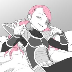 1girl adjusting_eyewear armor candy cynthia_lane dragon_ball dragonball_z female_focus fingernails food grey_background hair_ornament hairclip hand_up highres holding holding_candy holding_food holding_lollipop lollipop long_hair looking_at_viewer monochrome overman_king_gainer pink_hair pink_theme reclining saiyan_armor scouter simple_background sitting smile solo spot_color tinted_eyewear tocky twintails