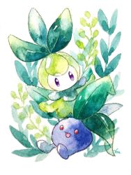 creatures_(company) game_freak gen_1_pokemon gen_5_pokemon highres leaf nintendo no_humans non_(kumakawayusu) oddish open_mouth petilil pokemon pokemon_(creature) purple_eyes red_eyes sitting smile traditional_media