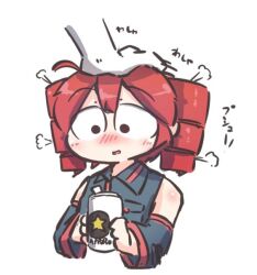 1girl ahoge bare_shoulders beer_can black_shirt black_sleeves blush can collared_shirt cropped_torso detached_sleeves disembodied_hand drill_hair drink_can hand_on_another&#039;s_head holding holding_can kasane_teto kasane_teto_(utau) kenno_(kenno9mp40) long_sleeves open_mouth petting red_hair sapporo_beer shirt simple_background sleeveless sleeveless_shirt solo sound_effects twin_drills utau white_background