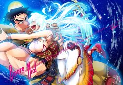 Rule 34 | 1girl, 2boys, akariya kuubu, animal ears, artemis (fate), bara, bear boy, bear ears, biceps, blush, bow (weapon), breasts, closed eyes, commentary request, facing another, fate/grand order, fate (series), high heels, hug, italian text, large breasts, looking at another, multiple boys, muscular, muscular male, open mouth, orion (bear) (fate), red shoes, shoes, star (sky), stiletto heels, super orion (fate), sweat, translated, weapon