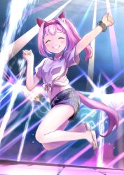 1girl ^_^ absurdres animal_ears arm_up black_shorts blush bow breasts clenched_hands closed_eyes ear_bow facing_viewer full_body grin hair_intakes hairband hand_up haru_urara_(umamusume) highres horse_ears horse_girl horse_tail long_hair midair midriff moko39_takasora navel pink_hair ponytail red_hairband red_scrunchie sandals scrunchie shirt short_shorts short_sleeves shorts small_breasts smile solo tail tied_shirt umamusume white_bow white_sandals white_shirt wrist_scrunchie