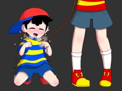 2boys :3 bent_over black_hair blonde_hair blush child collar dog elementary_schoolboy hat humming legs lucas_(mother_3) mother_(series) mother_2 mother_3 mrsksigure multiple_boys ness_(mother_2) nintendo ropleplay shirt shoes shorts shota socks super_smash_bros. sweat sweatdrop yaoi