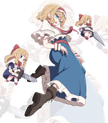 3girls absurdres alice_margatroid blonde_hair blue_dress blue_eyes boots bow bowtie brown_boots capelet commentary dress frilled_capelet frilled_dress frilled_hairband frills full_body hair_bow hairband highres holding holding_sword holding_weapon jitome kame_(kamepan44231) lace-up_boots multiple_girls open_mouth red_bow red_bowtie red_hairband red_ribbon red_shoes ribbon shanghai_doll shoes short_hair short_sleeves simple_background sword touhou waist_ribbon weapon white_background white_capelet wrist_cuffs zoom_layer