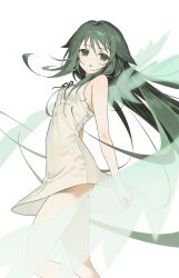 Rule 34 | 1girl, absurdres, bare shoulders, breasts, dress, expressionless, green eyes, green hair, gyechan (3bib1m), highres, long hair, looking at viewer, parted lips, ribbon, saya (saya no uta), saya no uta, sleeveless, sleeveless dress, small breasts, solo, sundress, very long hair, white background, white dress, wings