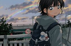 1girl backpack bag black_eyes black_hair bright_pupils closed_mouth cloud green_hoodie highres hood hood_down hoodie looking_at_viewer original outdoors rainbow short_hair sihyun25 smile solo upper_body white_pupils