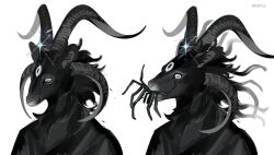 1other animal_ears black_fur black_horns black_robe body_horror floating_hair furry goat_ears goat_horns highres horizontal_pupils horns horror_(theme) mane multiple_horns original robe simple_background sketch sparkle third_eye tianlang_fenghuo twitter_username upper_body white_background