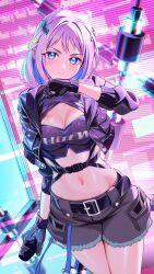 1girl belt black_gloves blue_eyes blush breasts cleavage commentary cowboy_shot cropped_jacket english_commentary frown gakuen_idolmaster gloves half_updo highres holding holding_microphone idolmaster jacket kainown katsuragi_lilja long_sleeves looking_at_viewer medium_breasts medium_hair microphone midriff navel open_clothes open_jacket pink_hair shorts solo white_hair