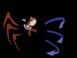 Rule 34 | 1girl, asymmetrical wings, black background, black hair, blending, blue wings, bow, bowtie, closed mouth, commentary, dated, houjuu nue, kawashina (momen silicon), pointy ears, red bow, red bowtie, red eyes, red wings, signature, simple background, solo, touhou, wings