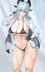 1girl absurdres alternate_breast_size alternate_costume bikini black_bikini black_eyes black_gloves black_horns black_jacket black_tail breasts cleavage collarbone commentary cowboy_shot curled_horns demon_tail gloves grey_eyes grey_hair hair_between_eyes hand_on_own_hip hand_up highres horns huge_breasts jacket jacket_on_shoulders long_hair long_sleeves looking_at_viewer mole mole_under_eye multicolored_hair navel nuo_(fttv3255) open_clothes open_shirt shirt skindentation solo stomach streaked_hair swimsuit tail thighs white_shirt wuthering_waves zani_(wuthering_waves)