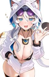 1girl :d animal_ears animal_hood bikini black_bikini blue_eyes breasts cat_ears cat_hood cipher_(honkai:_star_rail) cleavage commentary_request eyewear_on_head grey_hair highres honkai:_star_rail honkai_(series) hood hooded_jacket jacket jewelry large_breasts looking_at_viewer mole mole_on_breast necklace nidaime_(doronbo) open_mouth short_hair simple_background smile solo sunglasses swimsuit thighs white_jacket