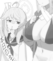 2girls absurdres bikini blue_archive breasts drinking_straw eimi_(blue_archive) eimi_(swimsuit)_(blue_archive) flat_chest halo highres large_breasts long_hair looking_at_another monochrome multiple_girls natsu_(blue_archive) navel patanda scarf school_uniform serafuku side_ponytail swimsuit upper_body