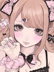 1girl aegyo_sal animal_print bead_necklace beads black_bow blonde_hair blush bow bracelet breasts brown_eyes camisole cleavage close-up commentary decoden eyelashes fingernails gem gem-studded_nails gyaru hair_bow hair_ornament hairclip hashtag-only_commentary heart highres hime_gyaru jewelry lace-trimmed_camisole lace_trim leopard_print long_fingernails long_hair looking_at_viewer motsu_(timotimo451) nail_art nail_ornament necklace original pink_bow pink_camisole pink_lips pink_nails pout print_bow rabbit_hair_ornament rhinestone scrunchie solo spaghetti_strap two_side_up upper_body very_long_fingernails wrist_scrunchie