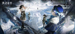 1boy 1other 5girls arcana_(reverse:1999) black_blindfold black_boots black_capelet black_coat black_gloves black_hair black_hat black_pants blindfold blue_bow blue_scarf boater_hat boots bow brown_jacket capelet coat copyright_name copyright_notice ferrofluid fishbowl_helmet from_side fur-trimmed_capelet fur-trimmed_coat fur_trim glass_pen gloves grey_eyes grey_hair hair_over_one_eye hat hat_bow highres holding holding_own_arm holding_pen jacket jumpsuit logo long_hair looking_at_viewer moldir_(reverse:1999) mountain multiple_girls object_head official_art official_wallpaper one_eye_covered orange_hair pants pen profile reverse:1999 scarf snow sonetto_(reverse:1999) thigh_boots ulrich_(reverse:1999) urd_(reverse:1999) ushanka vertin_(reverse:1999) white_jumpsuit yellow_eyes