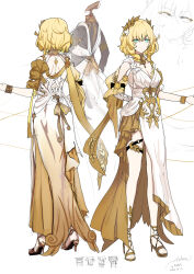 1girl absurdres aglaea_(honkai:_star_rail) ancient_greek_clothes blonde_hair breast_tattoo breasts cleavage commentary_request dress full_body garmentmaker_(honkai:_star_rail) greco-roman_clothes green_eyes high_heel_sandals highres honkai:_star_rail honkai_(series) kkkula_(kula) large_breasts laurel_crown mannequin multiple_views sandals short_hair simple_background tattoo thigh_strap thread tiptoes white_background white_dress