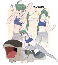 1girl adjusting_hair ahoge alternate_costume armpits bare_arms barefoot blue_sports_bra bracelet brown_eyes clenched_hands clenched_teeth clodsire collarbone commentary_request green_hair grey_pants hair_tie_in_mouth highres jewelry long_hair mouth_hold musical_note navel nintendo pants pokemon pokemon_(creature) pokemon_sv ponytail rika_(pokemon) spoken_musical_note sports_bra star_(symbol) stretching teeth trembling yamaguchi_takuni