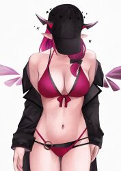 1girl alternate_costume baseball_cap bikini black_hat black_horns black_jacket blush bow bow_bikini braid breasts collarbone commentary covered_face english_commentary hat highres hololive hololive_english horns irys_(hololive) jacket large_breasts layered_bikini long_hair long_sleeves navel open_clothes open_jacket pink_hair pink_horns red_bikini simple_background solo stomach swimsuit twin_braids unmeidesu virtual_youtuber