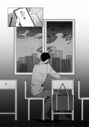 Rule 34 | 1boy, bag, benkdjjituibot, black hair, book, chair, cityscape, cloud, collared shirt, desk, from behind, full body, gradient background, grey shirt, greyscale, highres, holding, holding phone, indoors, kim dokja, monochrome, omniscient reader&#039;s viewpoint, open book, pen, phone, rain, school desk, shirt, short hair, window, wooden chair