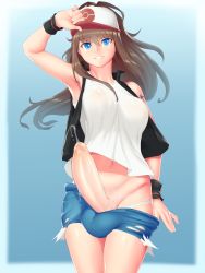 10s 1futa 2017 absurdres armpits baseball_cap blue_eyes breasts brown_hair bulge creatures_(company) erection futanari game_freak hat highres hilda_(pokemon) incredibly_absurdres large_breasts large_penis long_hair looking_at_viewer navel necrosmos nintendo panties parted_lips penis pokemon pokemon_bw precum shiny_skin short_shorts shorts sidelocks smile solo sweat testicles thighs underwear white_panties