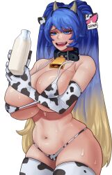 Rule 34 | 1girl, absurdres, animal ears, animal print, arapanchi, armpit crease, bell, belt collar, bikini, black collar, blonde hair, blue eyes, blue hair, bottle, breasts, character name, collar, commentary, cow ears, cow horns, cow print, cow print bikini, cow print gloves, cow print thighhighs, cowbell, ear tag, elbow gloves, fake animal ears, fake horns, glass bottle, gloves, gradient hair, hands up, highres, holding, holding bottle, horn hairband, horns, huge breasts, league of legends, long hair, looking at viewer, milk, milk bottle, multicolored hair, navel, neck bell, open mouth, print bikini, print gloves, print thighhighs, simple background, skindentation, smile, solo, sona (league of legends), sweat, swept bangs, swimsuit, teeth, thighhighs, twintails, upper teeth only, very long hair, very sweaty, white background