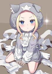 1girl :&lt; animal_hood beatrice_(re:zero) between_legs blonde_hair blue_eyes blush butterfly-shaped_pupils cat_hood cat_tail closed_mouth cosplay fake_tail forehead full_body grey_hoodie hand_between_legs hood hood_up hoodie long_sleeves looking_at_viewer puck_(re:zero) puck_(re:zero)_(cosplay) re:zero_kara_hajimeru_isekai_seikatsu s_(hdru2332) sidelocks sitting sleeves_past_wrists socks solo symbol-shaped_pupils tail toilet_paper wariza watermark white_socks