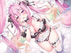 1girl apron bare_shoulders bed bikini black_bikini bow breasts canopy_bed choker cleavage detached_sleeves dutch_angle frilled_bikini frilled_choker frilled_thigh_strap frills gradient_hair hair_bow hand_up highres kneeling large_breasts long_hair looking_at_viewer maid maid_bikini maid_headdress multicolored_hair navel no_shoes open_mouth original pink_eyes pink_hair shiono_(0303) side-tie_bikini_bottom smile solo stomach string_bikini swimsuit thigh_gap thigh_strap thighhighs thighs twintails unconventional_maid very_long_hair waist_apron white_thighhighs wrist_cuffs