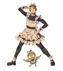 1boy 1other absurdres alternate_costume apron black_bodysuit black_shoes blue_eyes bodysuit brown_hair crossdressing dress enmaided frills full_body hand_on_own_hip highres jojo_no_kimyou_na_bouken maid maid_apron maid_headdress male_focus male_maid one_eye_closed open_mouth shoes siniy stand_(jojo) the_jojolands the_matte_kudasai usagi_aloha&#039;oe v v_over_eye white_background