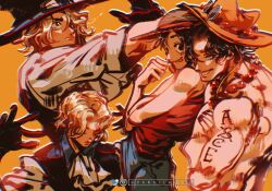 Rule 34 | 3boys, arm tattoo, ascot, black gloves, black hair, blonde hair, blue shirt, blue shorts, closed eyes, coat, collared shirt, commentary, english commentary, freckles, gloves, hat, highres, instagram username, jewelry, looking ahead, looking at viewer, male focus, monkey d. luffy, multiple boys, multiple views, necklace, one piece, orange background, orange headwear, portgas d. ace, red shirt, sabo (one piece), scar, scar on face, shirt, short hair, shorts, simple background, sleeves rolled up, smile, straw hat, tattoo, tongue, tongue out, topless male, twitter username, vanxllavina, white ascot, white shirt
